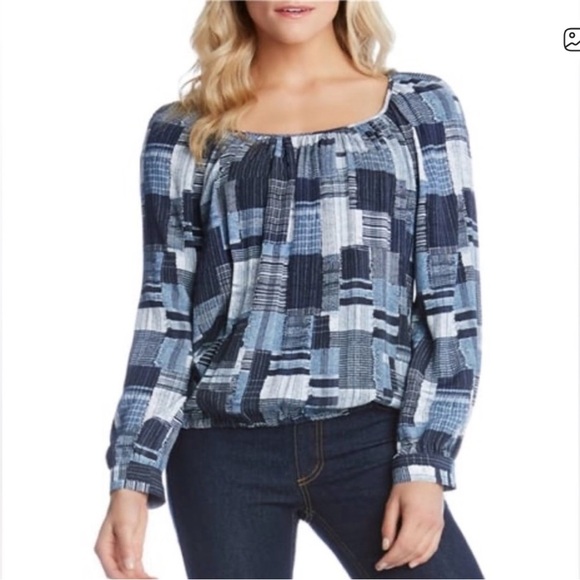 Karen Kane Tops - Karen Kane Patchwork Print Peplum Blue Checked Blouse. Women’s‎ Small.
